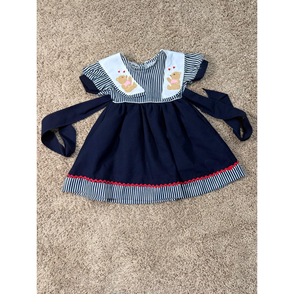 Vintage Navy Blue White Striped Teddy Bear Sailor Collar Dress Girls Sz 1
